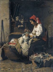 Mutter Mit Nahzeug Und Schlafendes Kind In Interieur Mutter Mit Nahzeug Und Schlafendes Kind In Interieur
