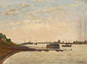 Riviergezicht Met Steigers by Berend Adrianus Bongers
