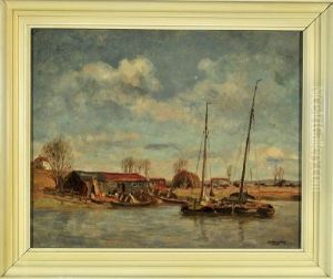 Segelboote An Der Anlegestelle Eines Kleinen Dorfes by Berend Adrianus Bongers