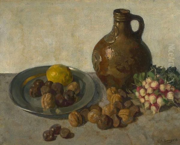 Still Life With Earthenware Jug, Radishes And Fruit On A Tin Platter - view 1