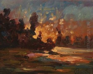 Paysage Au Coucher De Soleil by Auguste Francois Ravier