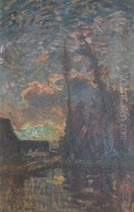 Paysage Au Couchant, Effet De Soleil Devant La Ferme (recto/verso) by Auguste Francois Ravier