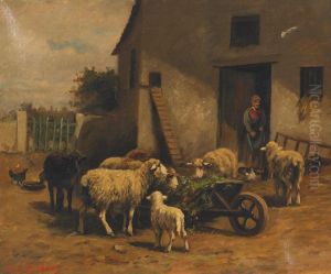 Sheep And Chickens In A Barn by Ferdinand Bonheur