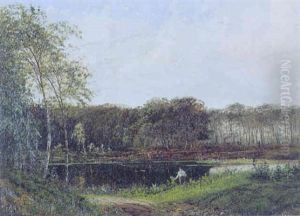 Landskab Med Dreng, Der Fisker I En Skovso Landskab Med Dreng, Der Fisker I En Skovso
