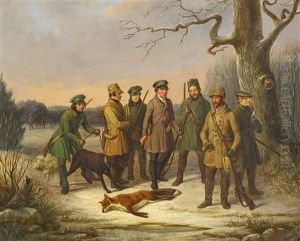 Sachsische Jagdgesellschaft Mit Erlegtem Fuchs