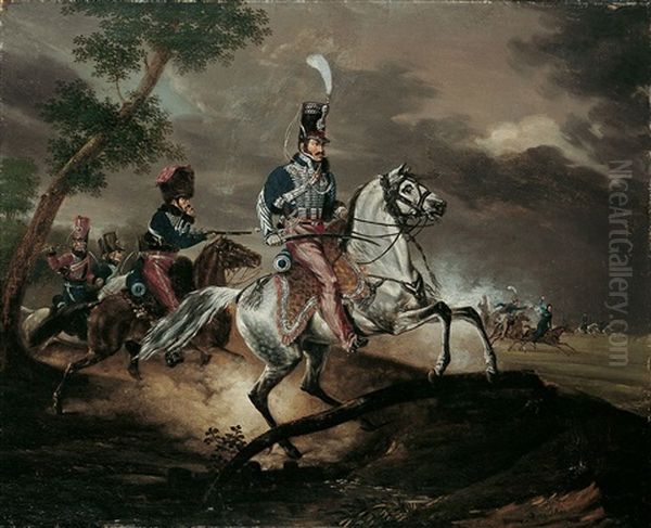 Reiterbild Aus Dem Russischen Feldzug. Offizier In Husarenuniform. - view 1
