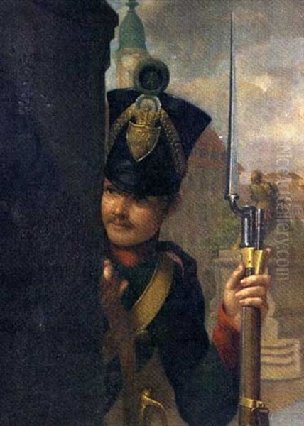 Portrait Of A German Guardsman, Holding A Rifle And Bayonet, In A Town Square - view 1