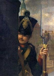 Portrait Of A German Guardsman, Holding A Rifle And Bayonet, In A Town Square