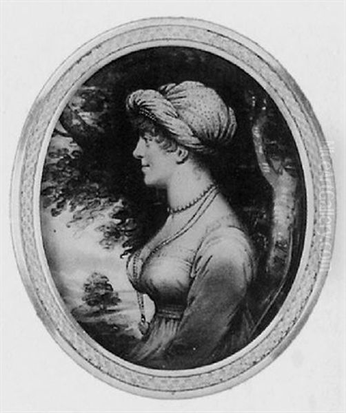A Lady In Lace-edged Dress, A Heart Shaped Locket And String Of Pearls At Her Neck And Spotted Turban - view 1