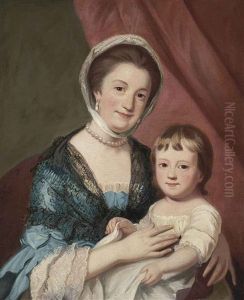 Portrait Of A Lady, Half-length, Seated, Wearing A Blue Dress With A Black Shawl And Pearls, Holding A Child, Seated Before A Red Curtain by Katherine Read