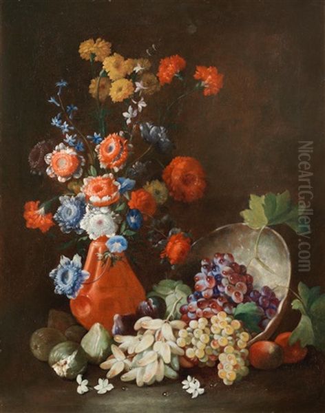 A Terracotta Vase Filled With Flowers Beside An Overturned Pewter Dish - view 1