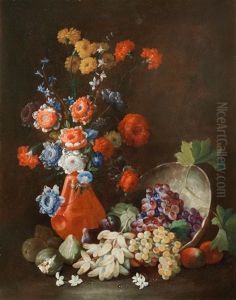 A Terracotta Vase Filled With Flowers Beside An Overturned Pewter Dish