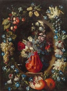 Still Life With Flowers In A Red Vase And Garland by Tommaso Realfonso