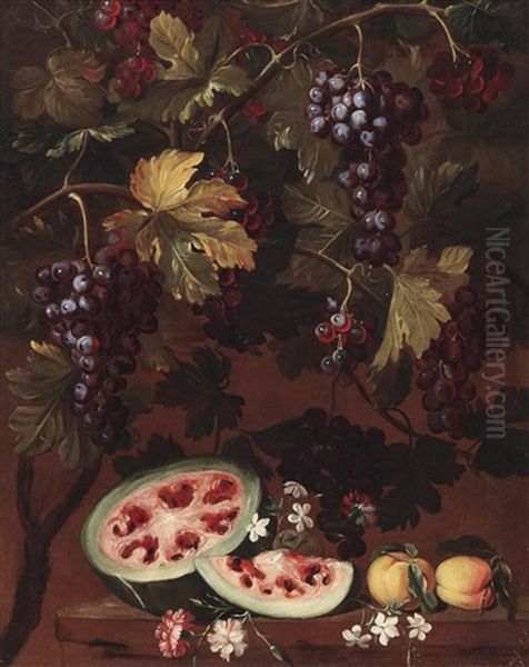 Eine Melone, Pfirsiche Und Trauben - view 1