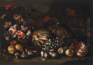 Two Still Lifes With Fruit And Flowers (2 Works) by Tommaso Realfonso
