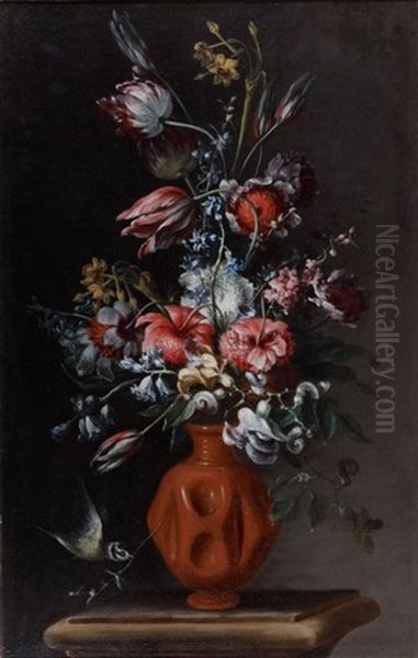 Bouquet De Fleurs Dans Un Vase En Terre Cuite Et Bouquet De Fleurs Dans Un Vase En Faience (pair) - view 1