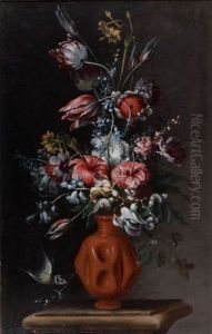 Bouquet De Fleurs Dans Un Vase En Terre Cuite Et Bouquet De Fleurs Dans Un Vase En Faience (pair) by Tommaso Realfonso