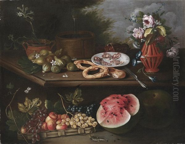 Stillleben Mit Blumen, Fruchten, Brot, Einem Teller Mit Salami Und Einer Smaragdeidechse - view 1