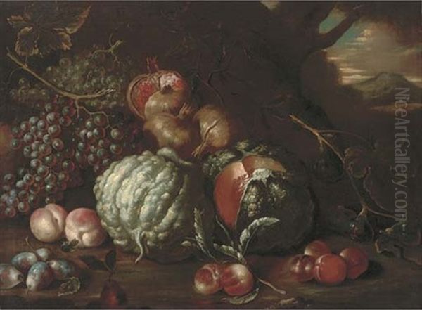 Pomegranates, Melons, Peaches, Grapes, Figs, Apples And Pears In A Landscape With Vesuvius Beyond - view 1