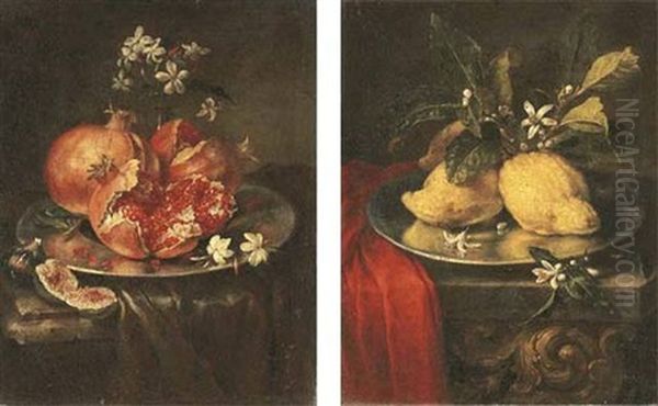 Pomegranates And Jasmine Flowers On A Pewter Plate With Figs On A Partly-draped Stone Table - view 1