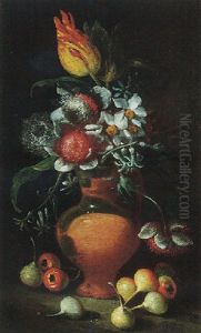 A Stil Life Of Tulpis, Narcissi, Chrysanthemums And Hyacinths In A Terracotta Jug, Together With Crabapples