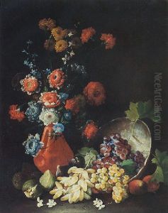 A Still Life Of Flowers In A Terracotta Vase, With Grapes And Figs Spilling Over From An Upturned Bowl by Tommaso Realfonso