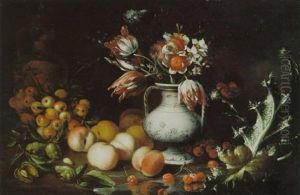 Natura Morta Con Brocca In Ceramica, Fiori E Frutta