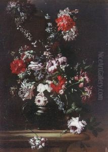 Roses, Carnations, Irises, Bluebells And Other Flowers In A Pewter Urn by Tommaso Realfonso