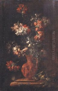 Garofani E Altre Fiori In Un Vaso Di Rame, Su Un Piano Di Pietra Con Una Farfalla by Tommaso Realfonso