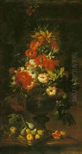 Still Life Of Roses, Carnations And Other Flowers In A Sculpted Urn And A Tray Of Figs On A Stone Ledge by Tommaso Realfonso