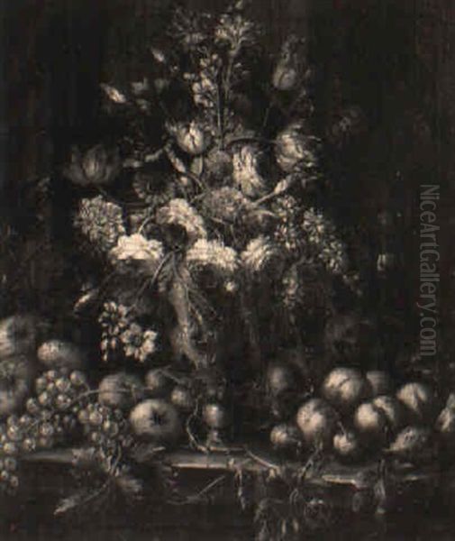 Assorted Flowers In A Terracotta Vase With Fruit On A Stone Ledge - view 1