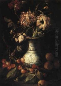 Still Life With Flowers In A Vase With Fruit by Tommaso Realfonso