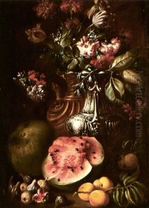 Still Life With A Bunch Of Flowers In Elaborate Silver And  Gold Urns, Melons, Figs And Peaches by Tommaso Realfonso