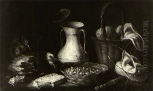 Still Life Of A Basket With Knitting A Basket Of Hazelnuts  A Blue And White Jar And Two Game Birds All On A Ledge by Tommaso Realfonso