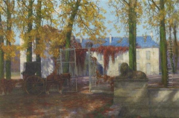 A Horse And Carriage By A French Countryhouse In Autumn - view 1