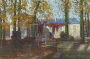 A Horse And Carriage By A French Countryhouse In Autumn by Maurice Realier-Dumas