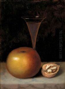 Still Life Of An Apple, Flute Of Wine And Cracked Walnut