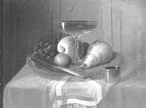 Still Life With Glass Of Wine, A Knife And Fruit On A Silver Platter