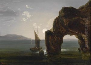Sudliche Kustenlandschaft Bei Mondschein by Josef Rebell