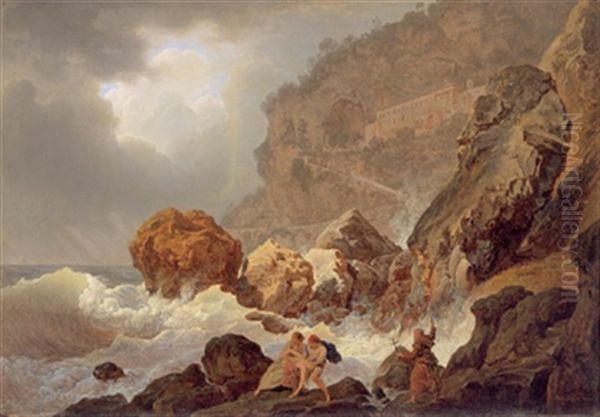 Die Kuste Von Amalfi Mit Dem Kapuzinerkloster Im Seesturm, Ein Paar Birgt Eine Ertrinkende Frau Aus Der Tobenden Brandung, Ein Monch Vom Nahen Felsenkloster Eilt Mit Dem Kreuz In Der Hand - view 1