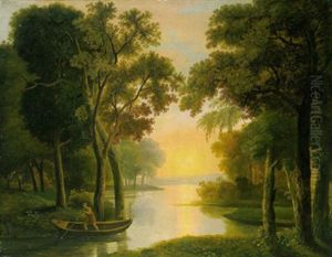 Flusslandschaft Bei Sonnenuntergang Mit Einem Kahnfahrer by Josef Rebell