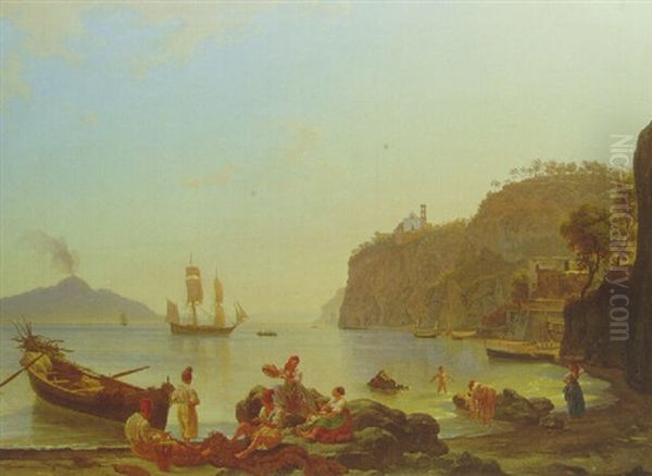 Fisherfolk In A Harbour With Vesuvius Beyond - view 1