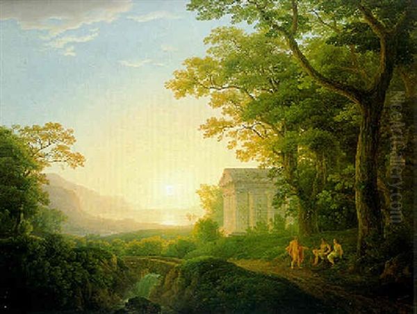 Ideale Landschaft Mit Einem Griecheschen Tempel Und Einem Wasserfall Mit Figuren - view 1