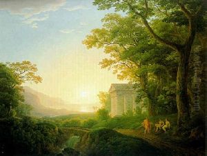 Ideale Landschaft Mit Einem Griecheschen Tempel Und Einem Wasserfall Mit Figuren by Josef Rebell