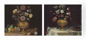 Roses, Tulips, Jasmine And Other Flowers In An Urn With Oranges, Lemons And Other Fruit On A Platter, On A Cloth Covered Table; And Roses, Tulips, And Iris And Other Flowers With Cherries In A Pewter Dish, On A Cloth Covered Table
