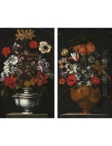 Still Lifes Of Flowers In Elaborate Urns On A Ledge (pair)