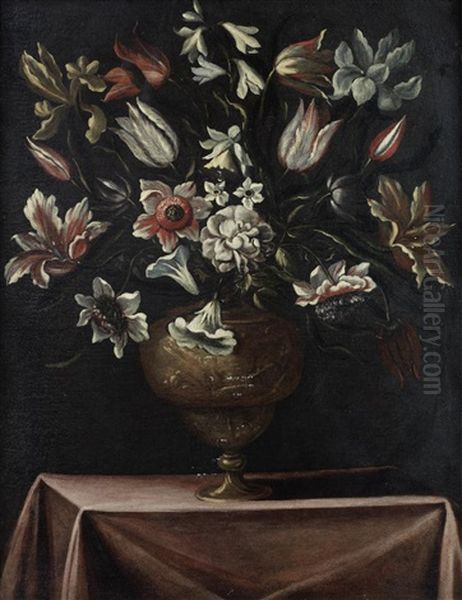 Tulips, Narcissi And Other Flowers In A Bronze Urn On A Draped Table - view 1