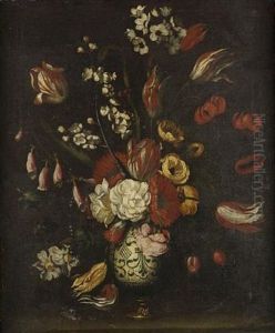 Tulips, Narcissi, Roses, Poppies And Other Flowers In A Blue And White Kraakware Vase