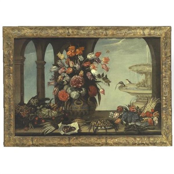 Still Life Of Flowers In A Vase, Artichokes, Lettuce, Pears, Fraises-de-bois And Cherries In A Bowl, Some Sliced Salami, Mushrooms On A Plate, Together With Flowers And Asparagus In A Bowl - view 1