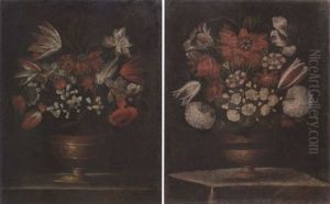 Tulips, Daffodils, Narcissi And Other Flowers In A Gilt Vase On A Ledge